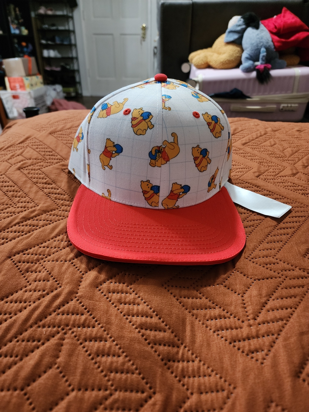 Disney White Snapback Hat with Red Brim and Yellow Character Print